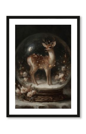 A delicate snow globe containing a young deer adorned with a floral garland, surrounded by soft white flowers and gentle snowfall.