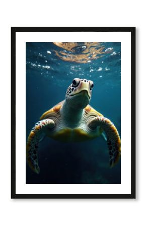 Pig-nosed turtle swims in deep blue ocean water. Aquatic reptile glides gracefully with flippers exploring underwater world. Small bubbles rise to surface.