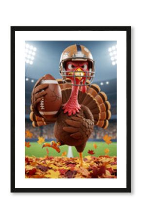 Cartoon turkey wearing football helmet, holding a football in a stadium with falling autumn leaves, representing Thanksgiving or a seasonal sport event