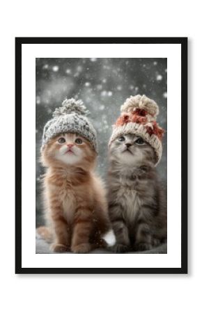 Two adorable kittens in knitted pom-pom hats looking up with big blue eyes amid falling snowflakes outdoors. Cute winter pet duo, cozy festive holiday vibe full of innocence and charm.