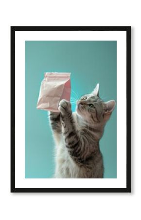 Gato pequeño con una bolsa de papel sobre fondo turquesa, mockup bolsa comida gatos, promoción tienda de mascotas, adorable gato con bolsa espacio para texto