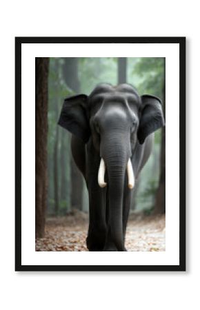 Majestic elephant with long curved tusks walking through misty forest, calm atmosphere, natural wildlife scene