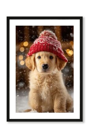 Golden retriever puppy in a red winter hat sits in the snow with Christmas lights in the background. Cute holiday pet with festive mood and seasonal winter atmosphere.
