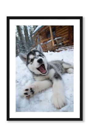 Fluffy husky puppy with blue eyes joyfully rolls in fresh snow before rustic wooden cabin. Playful winter puppy frolic, adorable snowy cabin delight vibe.