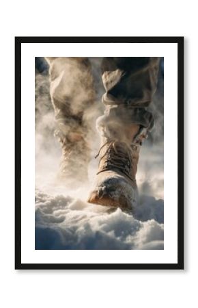 Close-up of rugged brown hiking boots with orange laces stepping through deep snow, pants dusted white in overcast blizzard. Intrepid winter trekking journey, solitary snowy wilderness exploration.