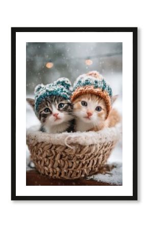 Two adorable kittens in gray and red knitted pom-pom hats sitting in wicker basket with snow falling outside window. Cute winter pet portrait, cozy festive holiday vibe full of innocence and warmth.