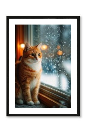 Ginger cat with blue eyes sits on windowsill gazing at falling snow beyond frosty glass near Christmas tree lights. Curious feline winter wonder, cozy holiday contemplation vibe.