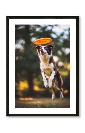 Friendly happy dog running at fast pace towards the camera in a city park on sunny autumn day. Puppy catching a frisbee. Playing with a dog outdoors.