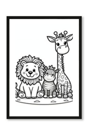 Cute cartoon lion, zebra, and giraffe friends in black and white