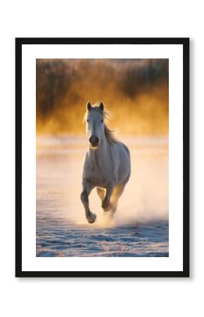 White horse galloping through snowy field at golden winter sunrise with flowing mane and misty frost. Majestic freedom run, inspiring cold season dawn vibe full of power and serenity.