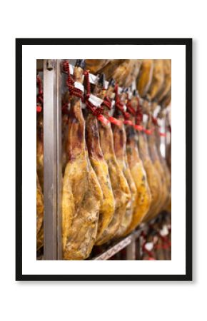 High quality jamon meat close up. Process of making ham from farm pork meat in a factory