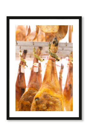 High quality jamon meat close up. Process of making ham from farm pork meat in a factory