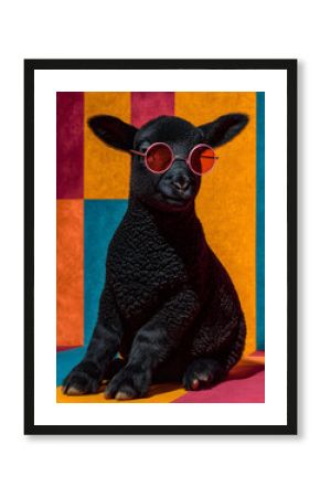 Animal fashion cool lifestyle Stylish black lamb wearing pink sunglasses against vibrant geometric background.