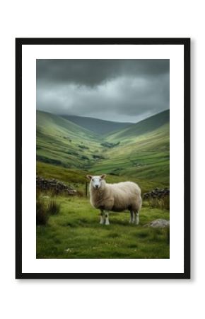Fluffy Irish sheep graze on lush green hills bordered by low stone fences under a dramatic cloudy sky.