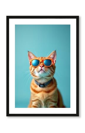 Cool ginger cat in orange sunglasses poses on plain blue background. Funny tabby kitty with collar looks up confidently. This stylish pet portrait has summer vibe, fashion mood, and funny personality.