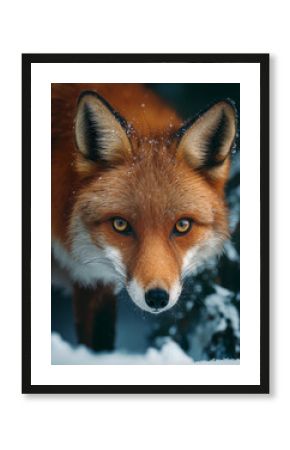 Red fox explores a snowy forest landscape with keen eyes and a distinct snout