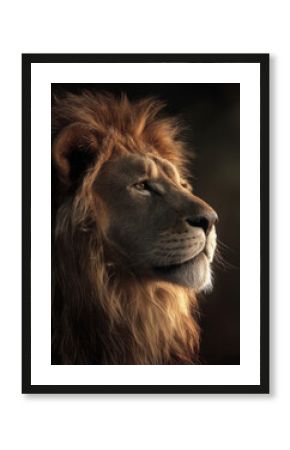 Majestic lion portrait with illuminated mane captured in a serene setting during golden hour lighting