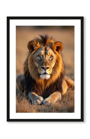 Majestic male lion rests in dry grass looking directly at camera. Golden hour light illuminates its mane and fierce eyes. Wild predator surveys savanna landscape. It is king of beasts.