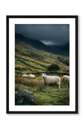 Fluffy Irish sheep graze on lush green hills bordered by low stone fences under a dramatic cloudy sky.