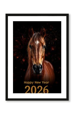 幸福感のある馬のシルエットを黒背景に配した2026年新年向けシックな縦長カード. 生成AI