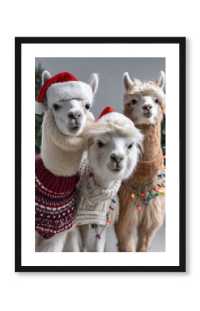 Group of alpacas wearing festive sweaters and Santa hats, decorated with holiday lights, standing indoors with pine trees, joyful mood