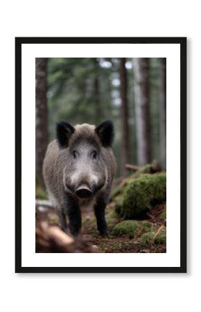 Wild boar standing in a lush green forest, surrounded by moss-covered ground and tall trees, showcasing the beauty of nature and wildlife in a serene environment