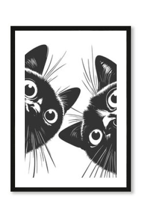 Adorable group of curious black cats with big eyes peering downward sketch engraving generative ai fictional character raster illustration. Scratch board imitation. Black and white image.