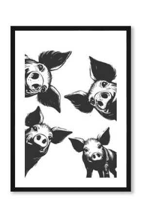 playful pigs peeking down with big eyes and snouts in a circular arrangement sketch engraving generative ai raster illustration. Scratch board imitation. Black and white image.