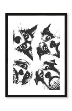 dogs looking down curiously in a circular formation with expressive eyes and noses sketch engraving generative ai raster illustration. Scratch board imitation. Black and white image.