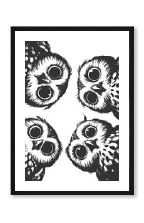 wide-eyed owls peeking downward with expressive faces sketch engraving generative ai raster illustration. Scratch board imitation. Black and white image.