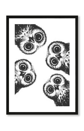 wide-eyed owls peeking downward with expressive faces sketch engraving generative ai raster illustration. Scratch board imitation. Black and white image.