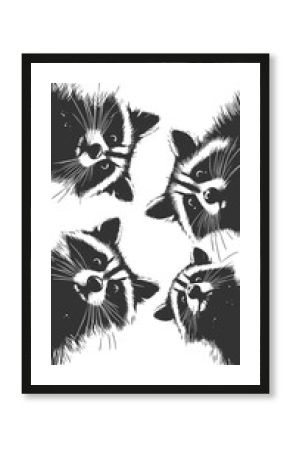 raccoons peering downward with wide-eyed expressions, ideal for humor or wildlife themes sketch engraving generative ai raster illustration. Scratch board imitation. Black and white image.