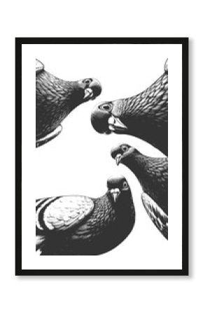 pigeons looking down, humorous visual concepts sketch engraving generative ai fictional character raster illustration. Scratch board imitation. Black and white image.