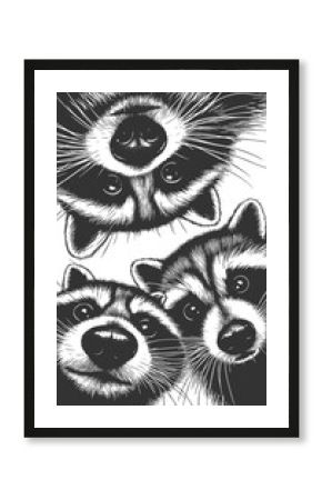 three raccoons peering downward with wide-eyed expressions, ideal for humor or wildlife themes sketch engraving generative ai raster illustration. Scratch board imitation. Black and white image.