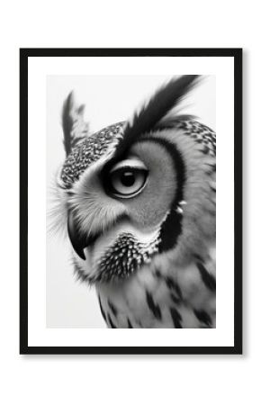 Detailed close-up shows owl eye. Wild bird looks sharply, turning head right. Grayscale art highlights intricate feathers, wise gaze. Animal portrait with detailed texture. Raptor watches intently,