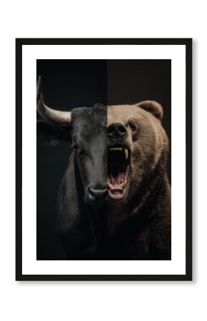 Bull and bear representing opposing forces in global financial market economy. Symbolizing bull and bear financial market trends