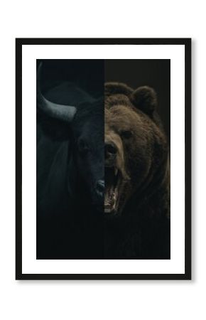 Bull and bear representing opposing forces in global financial market economy. Symbolizing bull and bear financial market trends