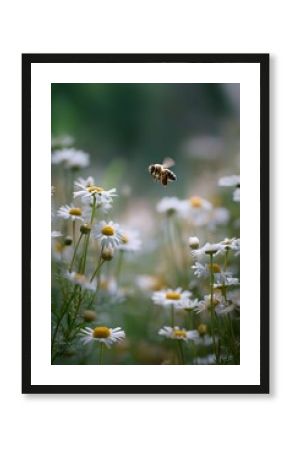 Bee flying towards daisy exploring spring nature. Honeybee approaching a white daisy flower, depicting pollination and a warm spring atmosphere