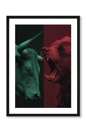 Bull and bear market financial trends concept. Bull and bear symbols depicting contrasting financial market movements and investment strategies