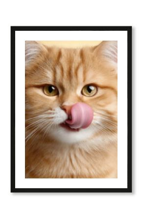 Golden tabby cat with yellow eyes licking nose, fluffy fur, close up, happy expression, indoor, pet portrait