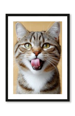 Happy tabby cat with golden fur licking nose, bright eyes, closeup, playful expression, indoor, adorable pet portrait