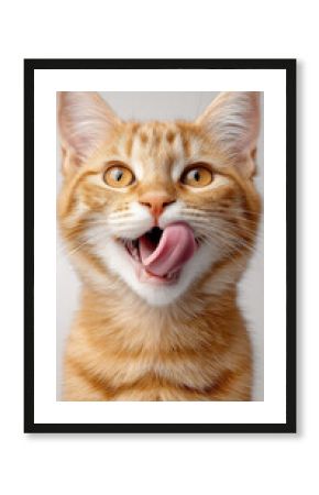 Golden tabby cat with orange fur and yellow eyes licking mouth, playful and happy expression, close up portrait