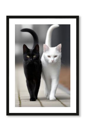 Two cats walking side by side, one black and one white, on paved path outdoors, both looking confident and calm