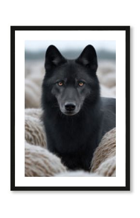 Black wolf with piercing amber eyes stands among sheep, blending into flock with intense, mysterious expression