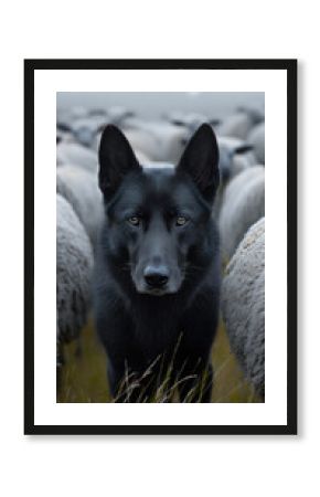 Black wolf standing among sheep, intense gaze, misty field, wild animal blending with flock, mysterious and captivating scene