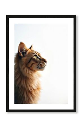 Fluffy cat with golden eyes looks up intently. Domestic pet with majestic mane seems to dream of being a mighty jungle king. Concept of ambition and self-belief.