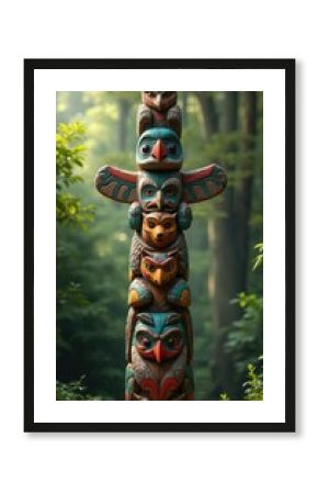 Tall totem pole carved with colorful owl, bear, and bird figures stands in a rich green forest. Natural forest light shines on the intricate tribal art, creating a mystical and symbolic scene.