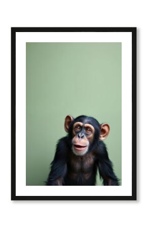 Happy adult chimpanzee portrait shows intelligent expression. This primate looks curious and thoughtful against a soft green background. It represents wildlife, conservation, and animal behavior.