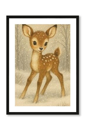 Adorable fawn in snowy forest.