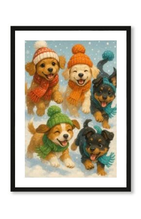 Joyful puppies frolic snow.